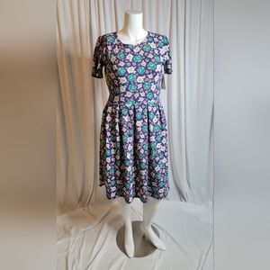 LuLaRoe Amelia Floral Purple Green Cream Coral Stretchy Fit Flare Dress NWT XL